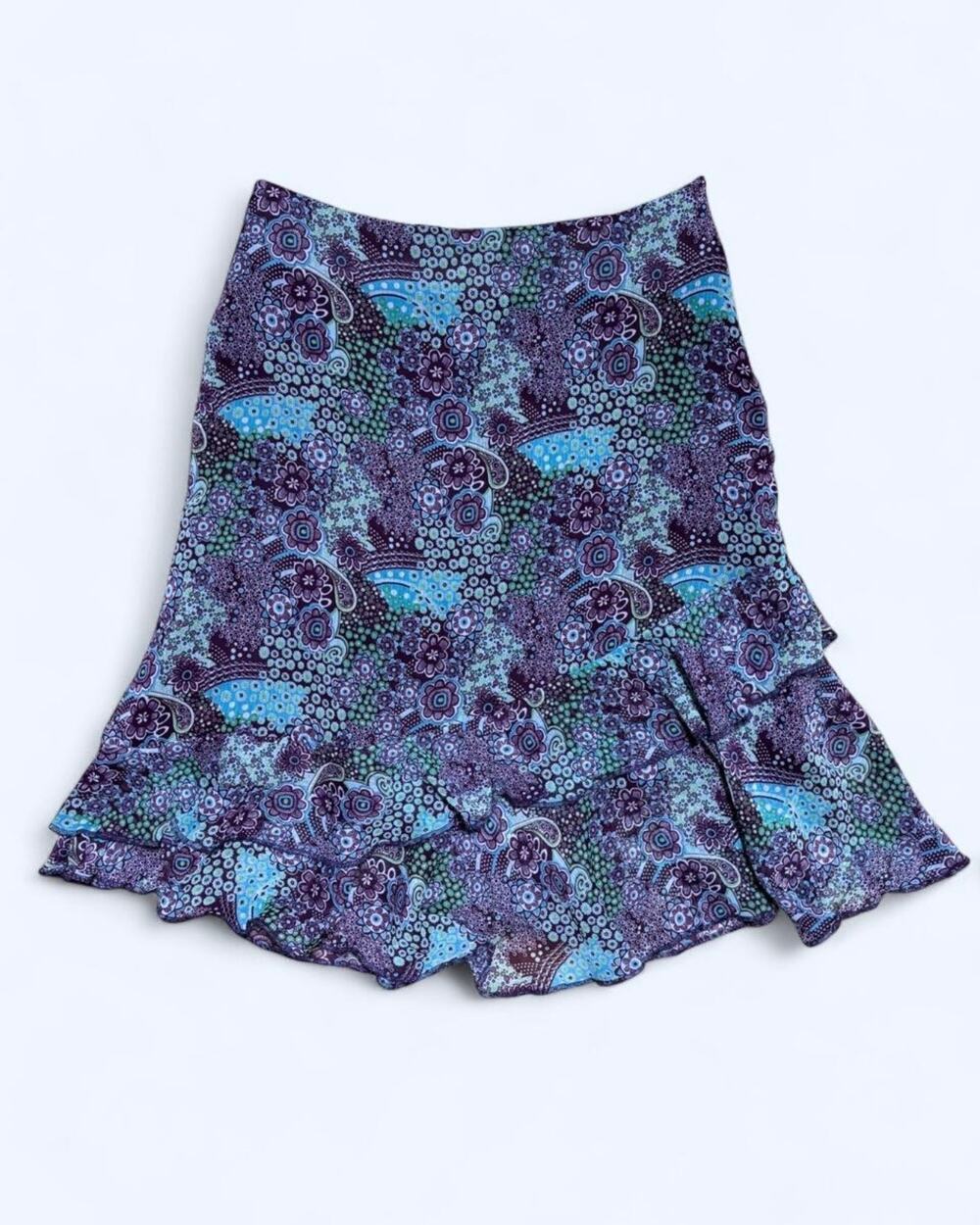 Vtg Y2K Orsay Blue Purple Paisley Ruffle Tiered Fairy Midi Skirt Size S